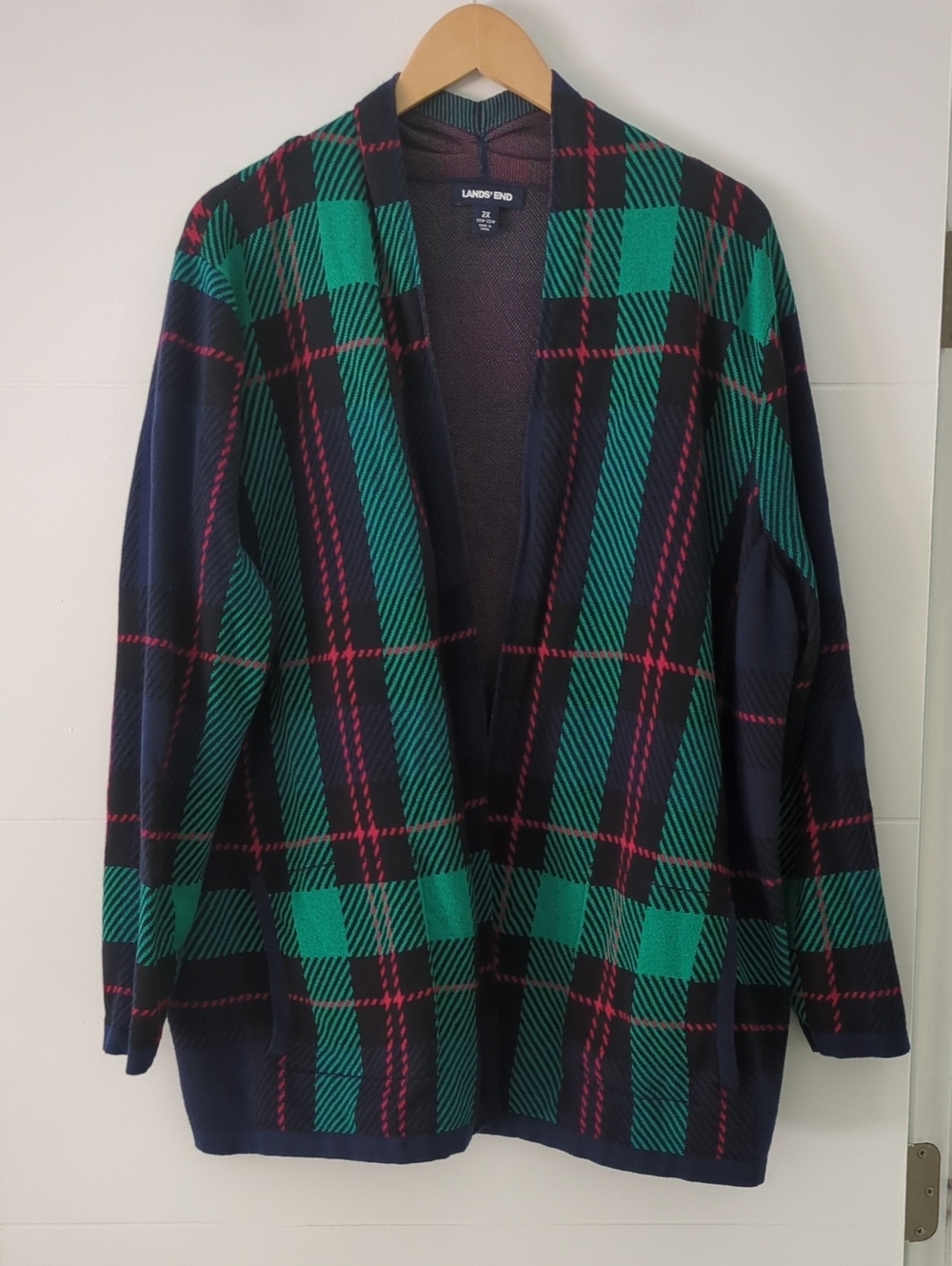 Land's End Green Navy Red Plaid Open Front Cotton Cardigan Pockets Sz 2X
